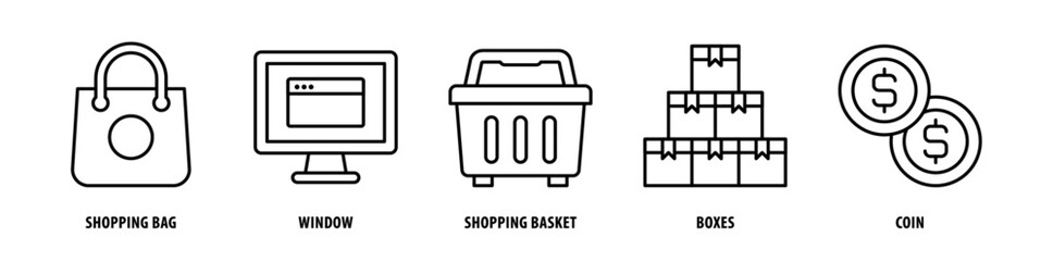 Set of Coin, Boxes, Shopping Basket, Window, Shopping Bag icons, a collection of clean line icon illustrations with editable strokes for your projects