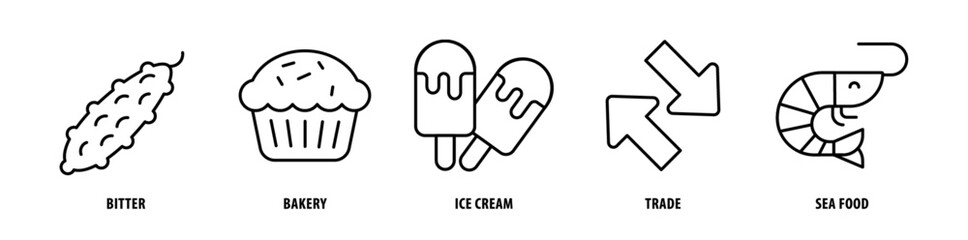 Set of Seafood, Trade, Ice Cream, Bakery, Bitter icons, a collection of clean line icon illustrations with editable strokes for your projects