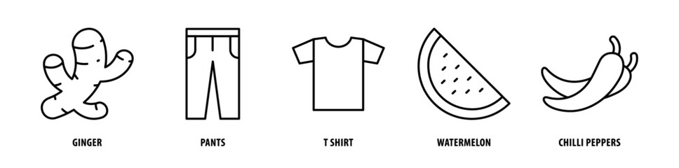 Set of Chili Peppers, Watermelon, T-Shirt, Pants, Ginger icons, a collection of clean line icon illustrations with editable strokes for your projects