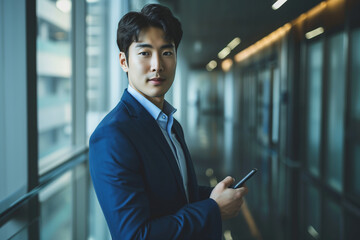Fototapeta premium Businessman with Smartphone in Office Corridor