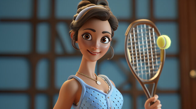 Playful cartoon woman with a vibrant smile and energetic aura, ready to conquer the tennis court in her powder blue dress. With a racket in hand, she exudes confidence and determination. Thi