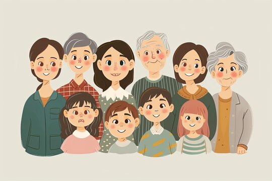 cartoon montage of older family with children