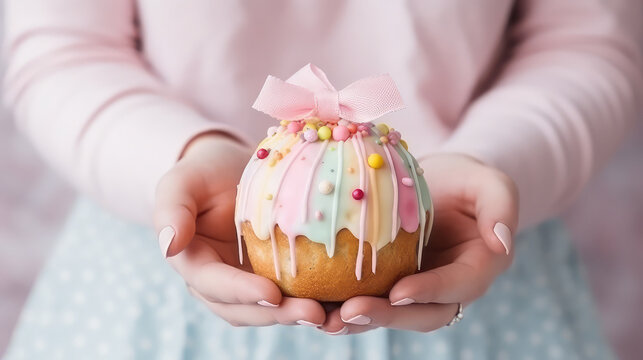 Easter cake in woman's hands close up