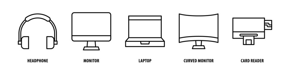 Set of Card Reader, Curved Monitor, Laptop, Monitor, Headphone icons, a collection of clean line icon illustrations with editable strokes for your projects