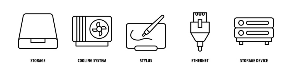 Set of Storage Device, Ethernet, Stylus, Cooling System, Storage icons, a collection of clean line icon illustrations with editable strokes for your projects