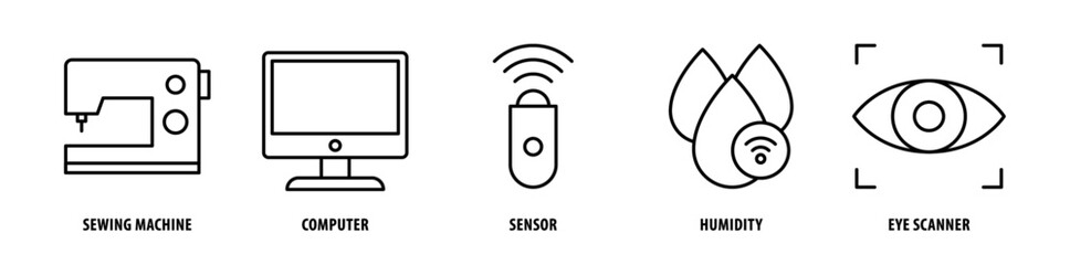 Set of Eye Scanner, Humidity, Sensor, Computer, Sewing Machine icons, a collection of clean line icon illustrations with editable strokes for your projects