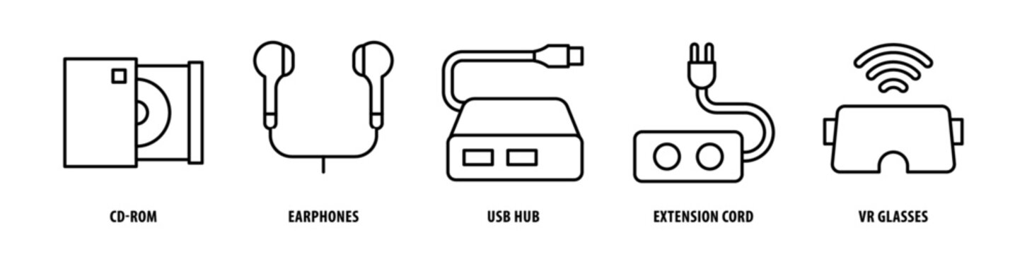 Set of Vr Glasses, Extension Cord, Usb Hub, Earphones, Cd-Rom icons, a collection of clean line icon illustrations with editable strokes for your projects