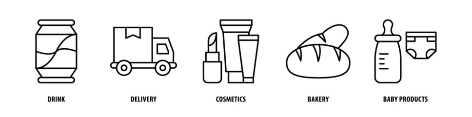 Set of Baby Products, Bakery, Cosmetics, Delivery, Drink icons, a collection of clean line icon illustrations with editable strokes for your projects