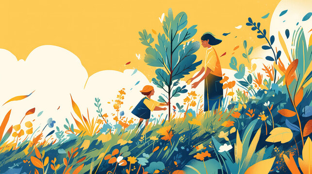 Mother and daughter work together to improve the environment for arbor day, environment world earth day background - AI Generated Abstract Art - Powered by Adobe
