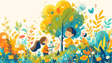 Young volunteers plant tree in city park in the spring for arbor day, environment world earth day background - AI Generated Abstract Art