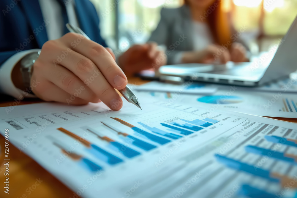Poster businessman working on desk with data document graph chart report marketing research