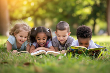 five kids laying down reading a book
