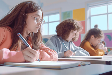 female kids are taking notes in a classroom - obrazy, fototapety, plakaty