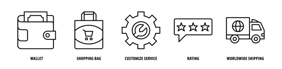 Set of Worldwide Shipping, Rating, Customize Service, Shopping Bag, Wallet icons, a collection of clean line icon illustrations with editable strokes for your projects