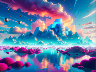 Pixelated Horizons: A Digital Dreamscape of Surreal Marvels, Floating Geometric Shapes, and a Vibrant Gradient Sky, Offering a Glimpse into the Future of Virtual Reality. generative AI