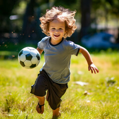 lifestyle photo humor an young child playing soccer.