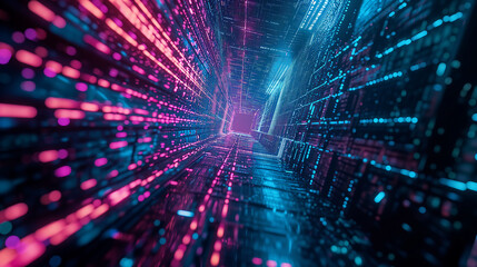 Obraz premium Cyberpunk style background with futuristic grid pattern of luminous particles in vibrant neon color