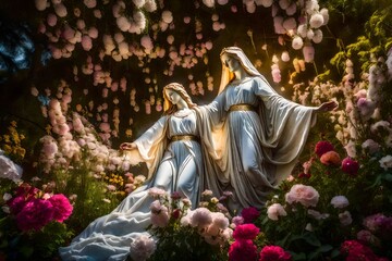The Assumption of Mary depicted in a celestial garden, where ethereal flowers bloom in mid-air - obrazy, fototapety, plakaty
