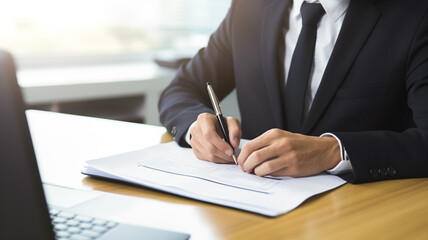 Closeup of hand signing paper workspace reviewing document reports at office workplace with computer laptop. 