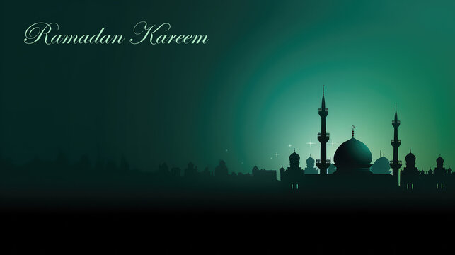Ramadan Kareem Greetings poster green background with mosque shillouette