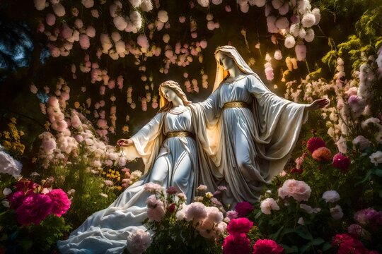 The Assumption of Mary depicted in a celestial garden, where ethereal flowers bloom in mid-air