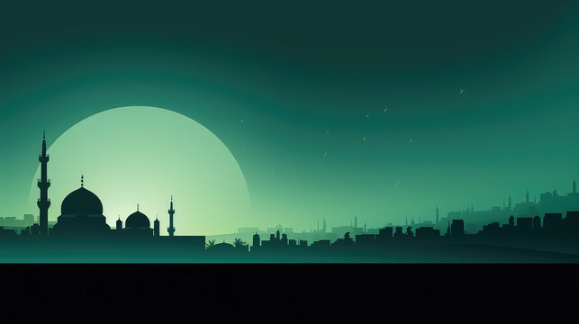 Ramadan Kareem Greetings poster green background with mosque shillouette