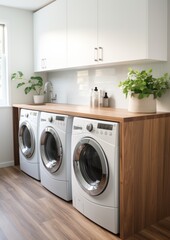 Beautiful modern laundry room, side by side washer and dryer. White design. Generative AI.