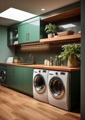 Beautiful modern laundry room, side by side washer and dryer. Green design. Generative AI.