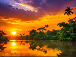 Fototapeta na wymiar Jungle Serenity: Mesmerizing Sunset Over Tranquil River and Verdant Foliage. generative AI