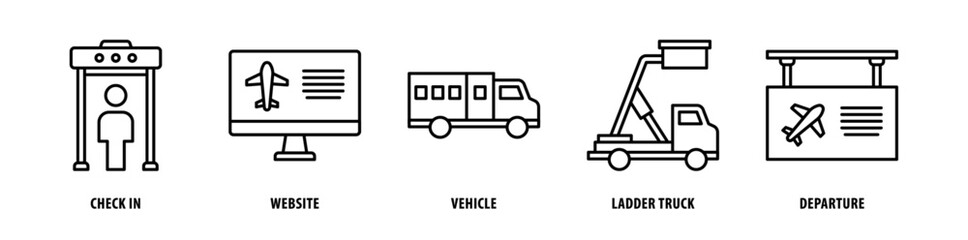 Set of Departure, Ladder Truck, Vehicle, Website, Check-In icons, a collection of clean line icon illustrations with editable strokes for your projects