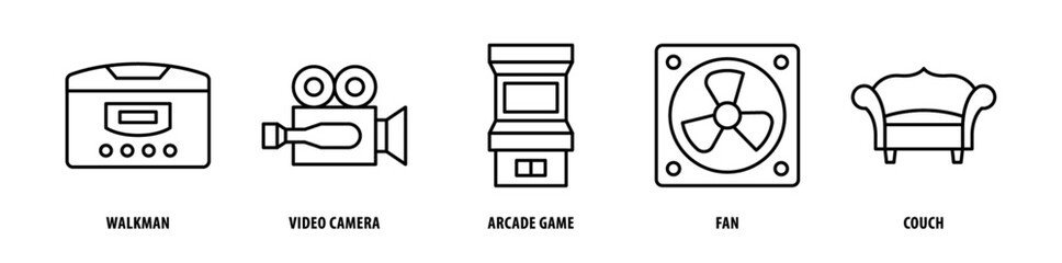 Set of Couch, Fan, Arcade Game, Video Camera, Walkman icons, a collection of clean line icon illustrations with editable strokes for your projects