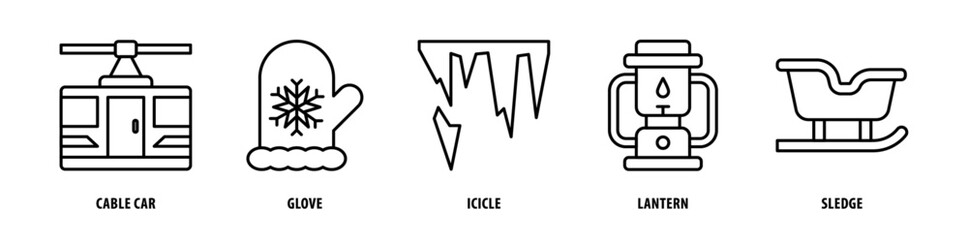 Set of Sledge, Lantern, Icicle, Glove, Cable Car icons, a collection of clean line icon illustrations with editable strokes for your projects