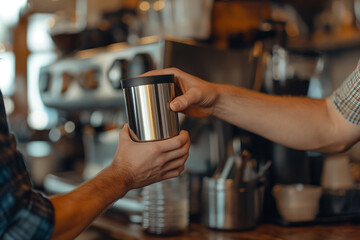 Fototapeta na wymiar Barista Serving Coffee in Stainless Steel Cup