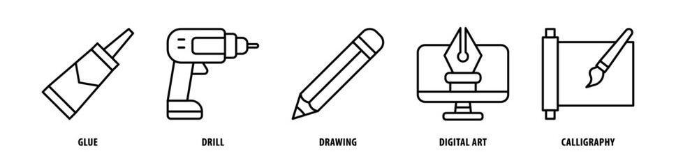 Fototapeta premium Set of Calligraphy, Digital Art, Drawing, Drill, Glue icons, a collection of clean line icon illustrations with editable strokes for your projects