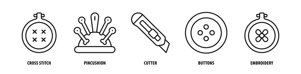Set of Embroidery, Buttons, Cutter, Pincushion, Cross Stitch icons, a collection of clean line icon illustrations with editable strokes for your projects