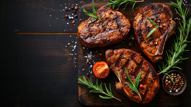 Juicy grilled pork steaks seasoned with flavorful spices, perfectly cooked to perfection, showcased on a rustic dark wooden table. A tempting feast for the eyes and a tantalizing treat for t