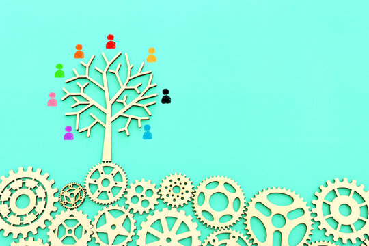 image of cogwheels and tree with people figures. human resources, leadership, management concept
