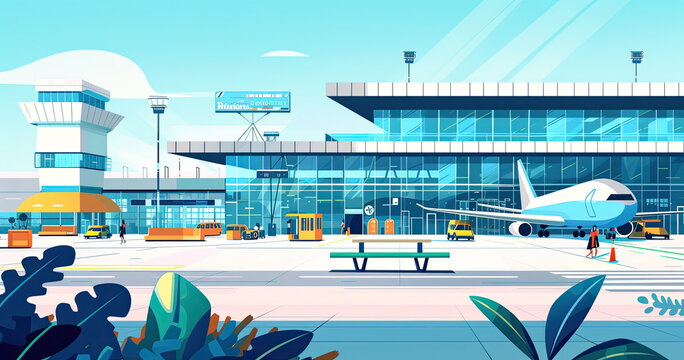 Vector illustration of an airport terminal structure with an aircraft in the process of taking off, depicting a scenic airport landscape