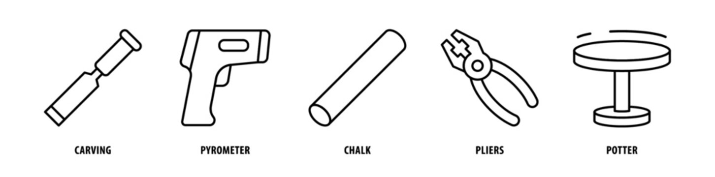 Set of Potter, Pliers, Chalk, Pyrometer, Carving icons, a collection of clean line icon illustrations with editable strokes for your projects