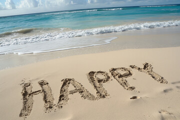 'Happy' Written in Sand on Tropical Beach