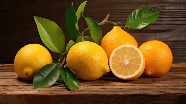 Ripe oranges on a wooden background. Fruits are rich in vitamins. Citrus fruits. A place for the text.