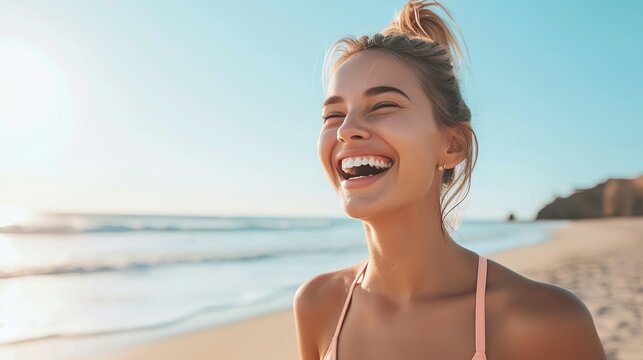 Fit and happy: Woman laughing while standing on the beach in fitness wear 