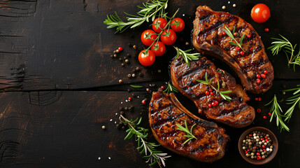 Juicy grilled pork steaks seasoned with exquisite spices, perfectly charred to enhance the smoky flavor. A mouthwatering culinary delight ready to tantalize your taste buds.