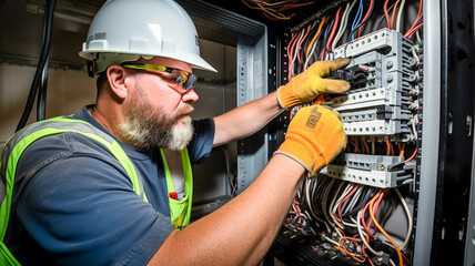 A confident male electrician works in a switchboard with an electrical connecting cable. The man is repairing the switchboard voltage with automatic switches.
 - obrazy, fototapety, plakaty