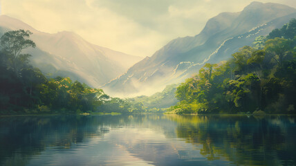 Mountain landscape, early morning with mist rolling over the peaks, sun casting golden hues on the lush greenery, a clear reflection in the calm lake below.