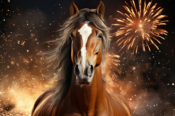 Magnificent horse adorned with fiery sparks against mesmerizing backdrop of vibrant cascading fireworks