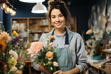 Blooming Beauty: A Floral Symphony Unveiled as a Woman Embraces Natures Fragrant Offering in a Whimsical Florists Wonderland