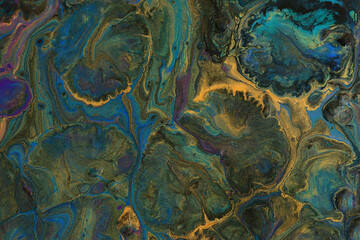 Fototapeta na wymiar art photography of abstract marbleized effect background with turquoise, green, black and gold creative colors. Beautiful paint.