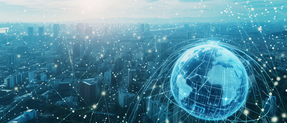 Visualize the digital transformation in a corporate setting, where a holographic globe of network connections