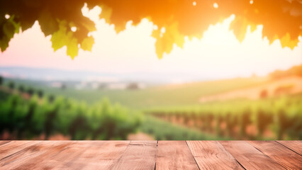 Naklejka na ściany i meble Empty wooden table with sunny vineyard background